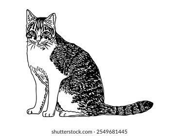 Black and white line drawing of a tabby cat sitting upright with its tail extended. Detailed fur patterns, expressive eyes, and alert ears. Clean and precise style, perfect for animal art lovers.