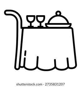 Black and white line drawing of a table with wine glasses and a covered dish icon