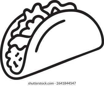 A black and white line drawing of a taco, showcasing the shell and filling, perfect for minimalist designs.