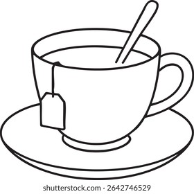 A black and white line drawing of a teacup with a tea bag, a spoon, and a saucer.