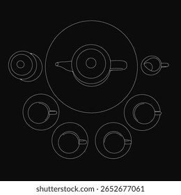 Um desenho de linha preto e branco de um bule de chá e copos dispostos em um padrão circular em um fundo escuro. O design minimalista destaca curvas elegantes e linhas limpas.