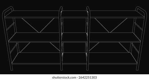 A black and white line drawing of a three-shelf bookcase displays clear dimensions, perfect for space planning or interior design projects. The minimalist shelves showcase goods with clean, precise.