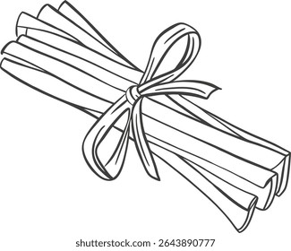Black and white line drawing of tied vanilla sticks bundle with bow. Detailed botanical illustration in vintage sketch style. Perfect for culinary, organic, herb, or natural-themed designs.