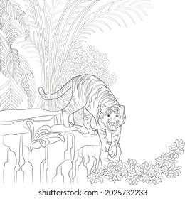 Dibujo de línea blanca y negra. Tigre al fondo de los trópicos. 