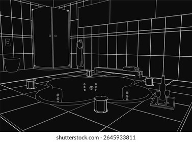 Black and white line drawing of a tiled bathroom featuring a bathtub, sink, and toilet with visible floor details. The composition includes a cupboard, tap, and toilet seat for a complete interior.