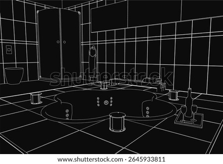 Black and white line drawing of a tiled bathroom featuring a bathtub, sink, and toilet with visible floor details. The composition includes a cupboard, tap, and toilet seat for a complete interior.