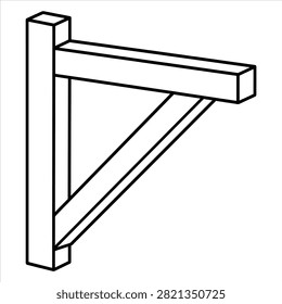 Black and white line drawing of a timber corner brace. Includes vertical post, horizontal beam and diagonal strut for reinforcement of shelving or structures.