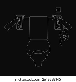 Desenho a preto e branco de uma tigela de banheiro com um tanque de descarga e suporte de papel higiênico anexado. A ilustração apresenta linhas simples e limpas e um design minimalista.