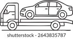 A black and white line drawing of a tow truck transporting a sedan car on its flatbed trailer.