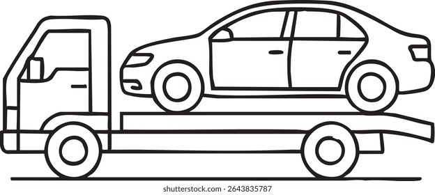 A black and white line drawing of a tow truck transporting a sedan car on its flatbed trailer.