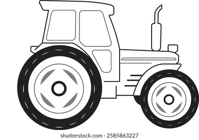 Black and white line drawing of a tractor, perfect for agriculture themes, farm equipment illustrations, coloring pages, and rural transport concepts. High-quality vector for digital and print use