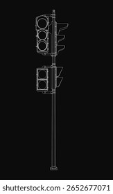 A black and white line drawing of a traffic light mounted on a pole, set against a solid black background. The design features clean, bold lines and high contrast for a striking visual effect.