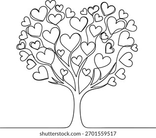 Un dibujo de línea en blanco y negro de un árbol con muchas hojas en forma de corazón.