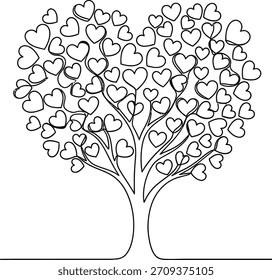 Um desenho em linha preta e branca de uma árvore com folhas em forma de coração.
