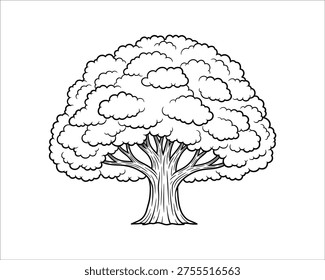 A black and white line drawing of a tree with a sturdy trunk and a full canopy resembling clouds
