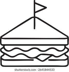 A black and white line drawing of a triangular sandwich with wavy filling and a small flag.