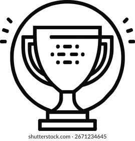 Um desenho de linha preto e branco de um troféu. O troféu é retratado com vários níveis e um fundo circular.