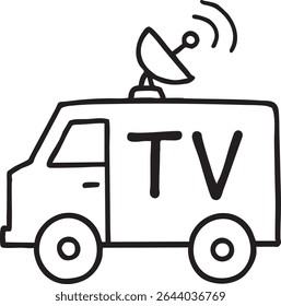 Um desenho em linha preta e branca de uma van de notícias de TV com uma antena parabólica no topo.