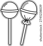 Black and white line drawing of two lollipops, one wrapped and one unwrapped, on a pure white background, perfect for coloring book
