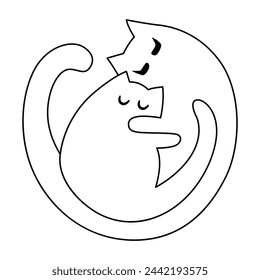 Black and white line drawing of two cats in a yin yang symbol, representing balance.