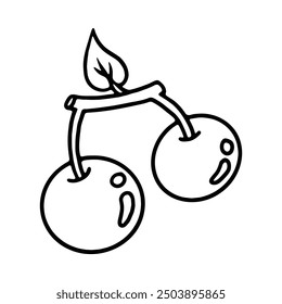 Un dibujo de línea en blanco y negro de dos cerezas con una hoja unida al tallo, que representa una alimentación saludable, fruta o productos frescos.