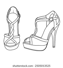 Schwarz-Weiß-Linie Zeichnung von zwei Frauen High Heel Sandalen Linie Art, Technische Skizze Handzeichnung Umriss Vektor Doodle Illustration, Seiten-und Frontansicht einzeln auf weißem Hintergrund