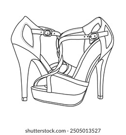 Schwarz-Weiß-Linie Zeichnung von zwei Frauen High Heel Sandalen Linie Art, Technische Skizze Handzeichnung Umriss Vektor Doodle Illustration, Seite und Rückseite einzeln auf weißem Hintergrund