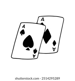 A black and white line drawing of two playing cards featuring the ace of spades and ace of diamonds.