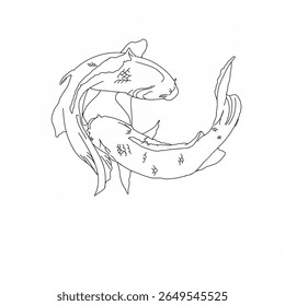 Black and white line drawing of two koi fish, swimming in an interlocking circular pattern on a white background.