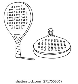 Un dibujo de línea en blanco y negro de dos palas de pádel, una de pie con un mango envuelto y la otra acostada, ambas con superficies perforadas.