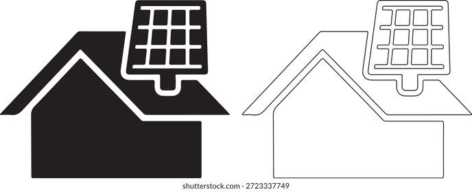 Desenho de linha preto e branco de duas casas com painéis solares no telhado sobre um fundo branco