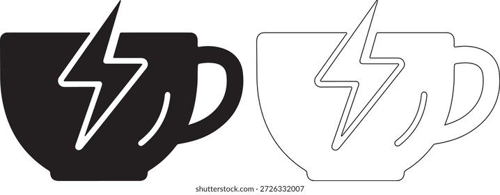 Un dibujo de línea en blanco y negro de dos tazas de café con un rayo en ellas, una llena y otra delineada, sobre un fondo blanco