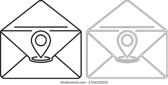 Un dibujo de línea en blanco y negro de dos sobres con un pin de ubicación en ellos, uno lleno y otro delineado, sobre un fondo blanco