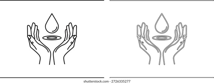 A black and white line drawing of two hands cradling a water droplet, symbolizing eco-friendliness and conservation, in a simple yet effective style