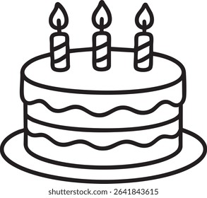 A black and white line drawing of a two-layer cake with three candles on top of a plate.
