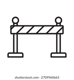Um desenho de linha preto e branco de uma barricada de construção típica com listras diagonais e dois postes encimados com esferas.