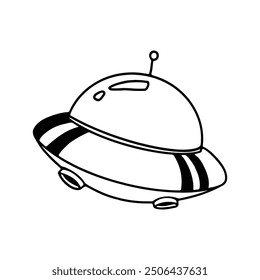 A black and white line drawing of a UFO in the classic flying saucer design.