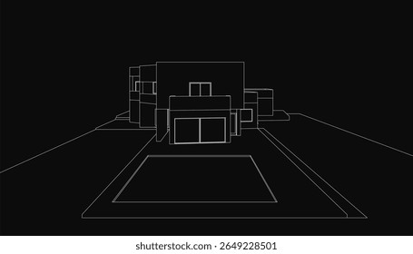 Um desenho a preto e branco de uma casa única composta por várias formas geométricas e detalhes intrincados sobre um fundo escuro. O design minimalista apresenta linhas limpas e formas contrastantes.