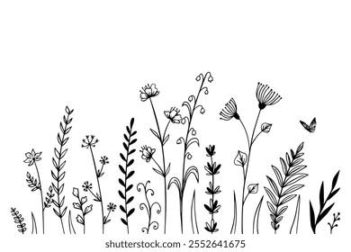 Black and white line drawing of various wildflowers, plants and butterfly. Silhouettes of grass, flowers and herbs.