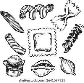 Black and white line drawing of various pasta types including ravioli, fusilli, farfalle, penne, and more — great for culinary use.

