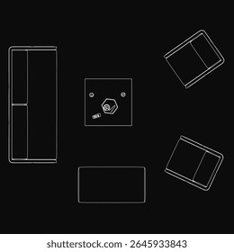 Desenho de linha preto e branco de vários objetos dispostos simetricamente sobre um fundo preto. Cada objeto tem uma forma e um tamanho exclusivos, criando um contraste impressionante contra o fundo escuro.
