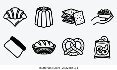 Dibujo de línea en blanco y negro de varios tipos de iconos de pan y alimentos croissant para bolsa con fruta