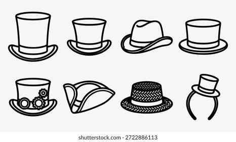 Dibujo de línea en blanco y negro de varios sombreros y tazas de té en platillos en un estilo de ilustración minimalista diseños simples