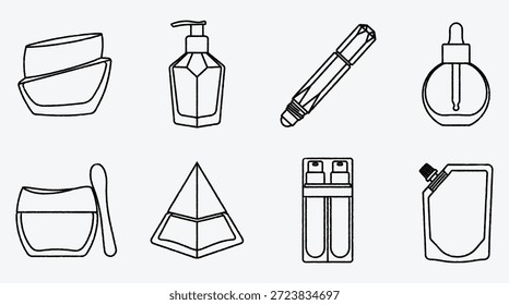Dibujo de línea en blanco y negro de varios iconos de productos cosméticos