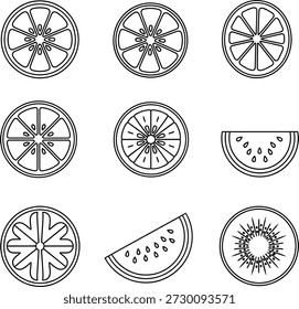 A black and white line drawing of various watermelon slices and wheels arranged in rows on a plain white background.