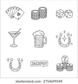 Black and white line drawing of various casino related icons including playing cards, poker chips, dice, cocktail glass, beer mug, horseshoes, and jackpot text