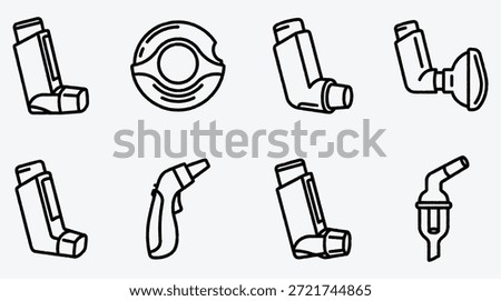 Black and white line drawing of various asthma inhaler designs and mouthpieces