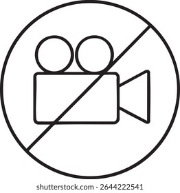 Um desenho a preto e branco de uma câmera de vídeo com uma linha diagonal através dela, indicando que não há filmagem.