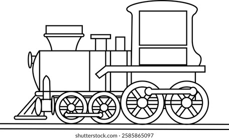 Black and white line drawing of a vintage steam locomotive, perfect for coloring pages, railway illustrations, educational materials, and vector designs. Ideal for historical and retro train artwork