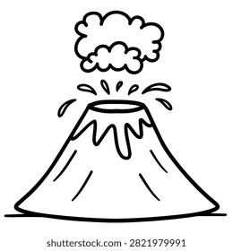 A black and white line drawing of a volcano erupting with smoke and lava splashes, isolated on a white background.